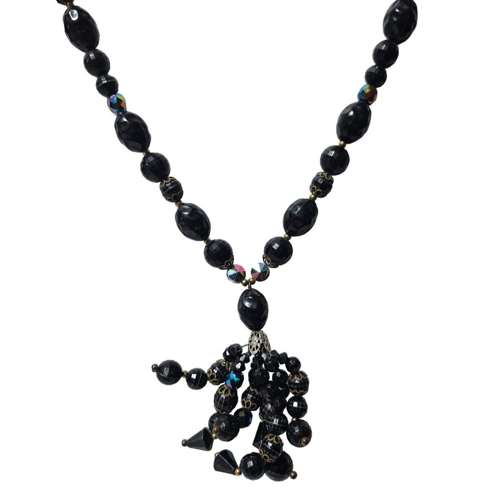 Vintage Black Beaded Tassel Pendant Necklace Unique Jewelry Special Occasions